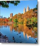 New York City, Manhattan, Central Park, Lake, San Remo Apartment Building And Foliage Metal Print