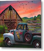 Old Truck At The Barn Watercolors Painting With Logo Metal Print