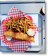 Overhead View Of Fish And Chips On Tray With Bowl Of Scallops, Lunenburg, Nova Scotia, Canada Metal Print