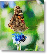 Painted Lady Butterfly Blue Flower Metal Print