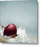 Painted Red Easter Egg In Bird Feather Nest Over Vintage Blue Ar Metal Print