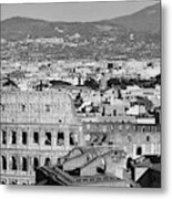 Panorama Of Rome Featuring The Colosseum Black And White Metal Print