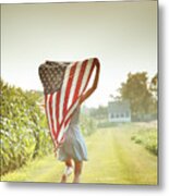 Patriotic Girl Flying American Flag Metal Print