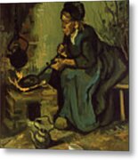 Peasant Woman Cooking By A Fireplace Metal Print