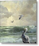 Pelicans In The Surf Metal Print