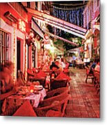 People Dining Outside Restaurants At Metal Print