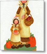Pilgrims Mom And Daughter With Pumpkins Metal Print