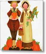 Pilgrims With Pumpkins Metal Print