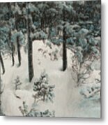 Pine Tree Trunks In Snow Metal Print