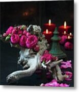 Pink Double Roses On Twisted Root Wood With Candles In Background Metal Print