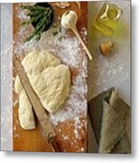 Pizza Dough And Ingredients On Cutting Metal Print