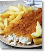 Plate Of Fish And Chips With Lemon Metal Print