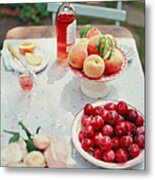 Plums, Peaches, Wine And Flowers On A Metal Print