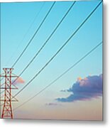 Power Lines And Blue Sky With Clouds Metal Print