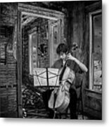 Practicing Among The Ruins In Black And White. A Cello Player Pl Metal Print