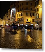 Rainy Rome - Slo Mo Shoppers Horses And Carriages On Glowing Piazza Di Spagna Metal Print
