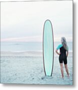 Rear View Of Female Surfer Standing By Surfboard On Delray Beach Metal Print