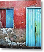 Red, Blue And Grey Wall, Door And Window Metal Print