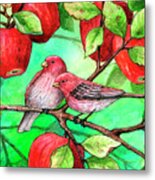Red Finches With Apples Metal Print