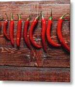 Red Hot Chilli Peppers In A White Tray On Wooden Background. Spicy. Metal Print