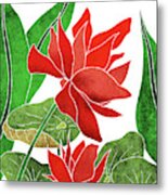 Red Lotus Flower - Botanical, Floral, Tropical Art - Modern, Minimal Decor - Red, Green Metal Print