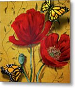 Red Poppies With Yellow Butterflies Metal Print