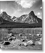 Reflection On Waterfowl Lake Banff National Park Alberta Canada Rocky Black And White Metal Print