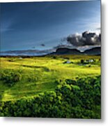 Rural Landscape With Remote Houses At The Old Man Storr Formation On The Isle Of Skye In Scotland Metal Print