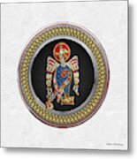 Sacred Celtic Eagle Over Gold Silver And Black Medallion On White Leather Metal Print