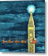 Santa Flying Past Clock Tower Metal Print