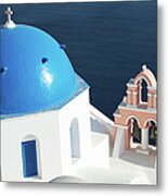 Santorini Blue Church Dome And Pink Metal Print