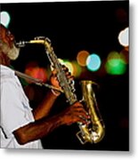 Saxophonist On Street At Night, New Metal Print