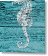 Seahorse On Blue Wood Metal Print