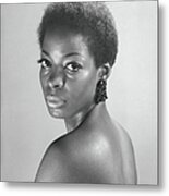 Semi Dress Woman Posing In Studio, B&w Metal Print