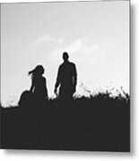 Silhouette Of Couple In Love With Wedding Couple On Top Of A Hil Metal Print