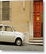 Small Coupe Parked Near A Doorway On A Metal Print