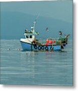 Small Fishing Boat With Lobster Pods And Seagulls On Calm Atlantic In Front Of The Hebride Islands Metal Print