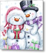 Snowman Couple And Presents Metal Print