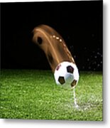 Soccer Ball Falling On Grass Metal Print