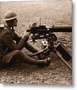 Soldier Aiming Machine Gun B&w Sepia Metal Print