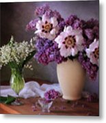 Spring Still Life With A Bouquet Of Peonies Metal Print