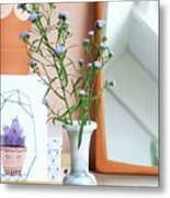 Stems Of Purple Flowers In Marble Vase In Front Of Mirror And Drawing Of Cactus Metal Print