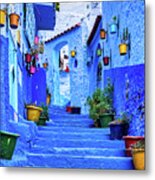 Steps And Flower Pots - Chefchaouen - Morocco Metal Print