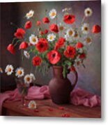 Still Life With A Bouquet Of Poppies And Chamomile Metal Print