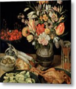 Still Life With Flowers And Snack Metal Print