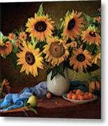 Still Life With Sunflowers And Yellow Plums Metal Print