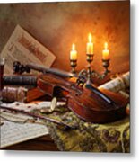 Still Life With Violin And Candles Metal Print