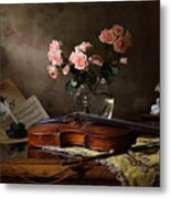 Still Life With Violin And Roses Metal Print