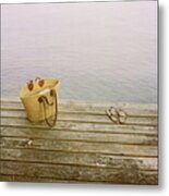 Straw Basket And Sandals On Wooden Lake Metal Print