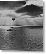 Sunset Over The Atlantic Finds Another United Nations Convoy Moving Peacefully Towards It Destination. A U.s. Navy Blimp, Hovering Watchfully Overhead, Is On The Lookout For Any Sign Of Enemy Submarines Metal Print